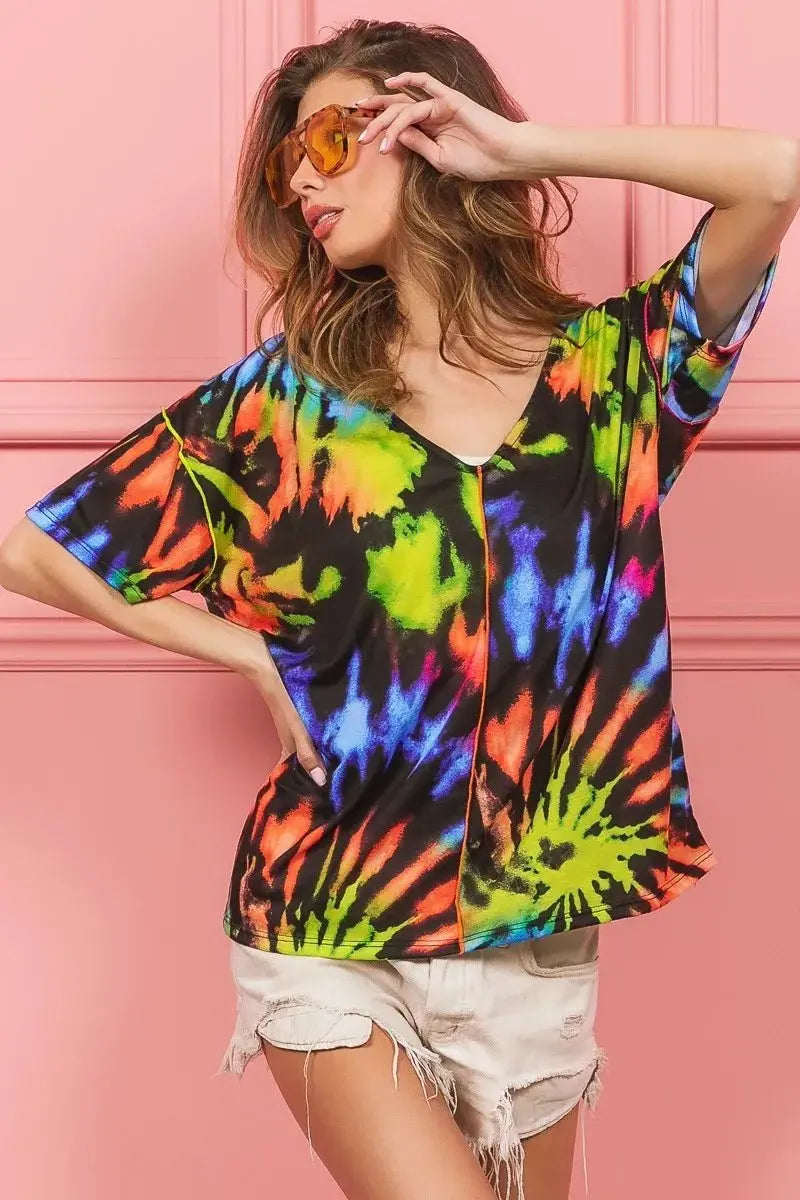 BiBi Tie Dye Print Jersey Stitched V Neck Top for Women - Love Salve
